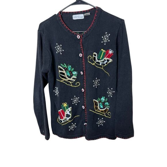 Vintage BP Design Christmas Cardigan Leopard Fur Sleighs Sequins/Pearls Size S - Picture 1 of 9